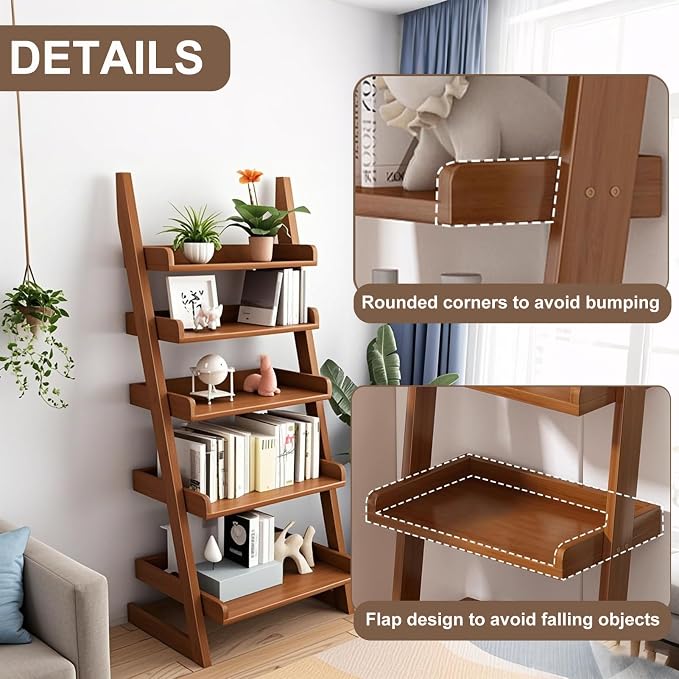 Ladder Shelf Bookcase, 5 Tier Walnut Wooden Ladder Bookshelf, Space-Saving Freestanding Storage Rack for Living Room, Home Office and Bedroom, 55.1" H