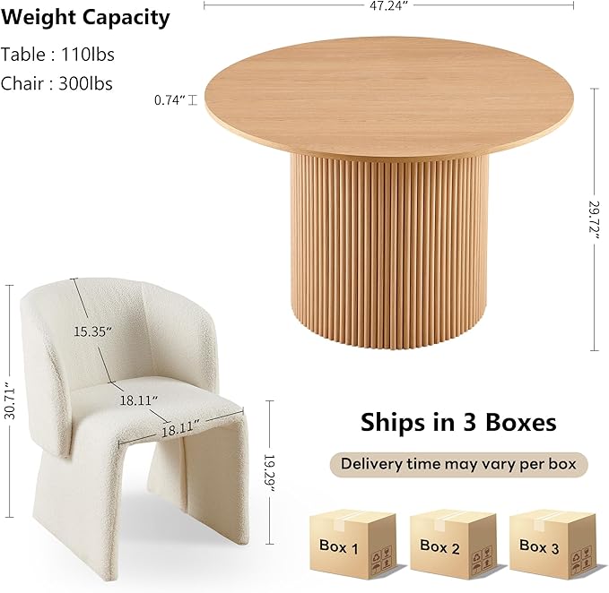 NORDICANA 3-Piece Round Dining Table Set for 2, Rustic 47-Inch Kitchen Table and Chair Set, Dining Set with Off White Upholstered Armchairs, Manufactured Wood Top with Oak Veneer