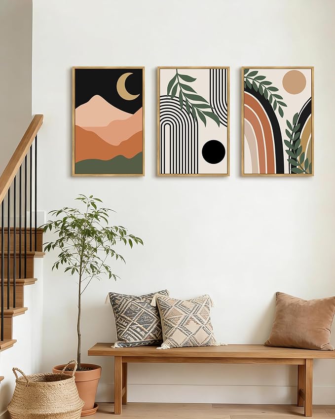 Drsoum Boho Wall Art Framed Bohemian Plant Wall Decor Abstract Geometry Artwork Hallway Living Room Prints Ready to Hang 16x24in Natural Framed