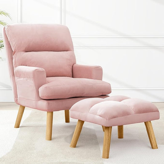 Accent Chair with Ottoman Comfy Reading Chair Armchair with Adjustable Backrest and Side Pockets Soft Fabric Leisure Sofa for Bedroom, Living Room, Dorm Rooms, Garden, Pink