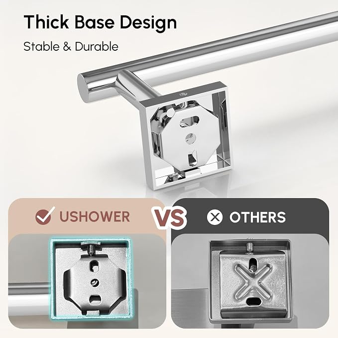 USHOWER Polished Chrome Towel Bar, 24 Inch Towel Racks for Bathroom Wall Mounted, 304 Stainless Steel Towel Holder with Square Base, Modern Home Decor (Total Length 26 Inch)