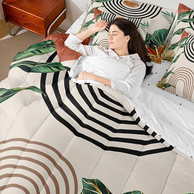 Erosebridal Modern Mid Century Bedding Set Queen Abstract Bohemian Comforter Set 7 Piece Modern Boho Brick Red Aesthetic Bed in A Bag for Adults Nature Stripes Palm Leaf Quilt with Flat Fitted Sheet