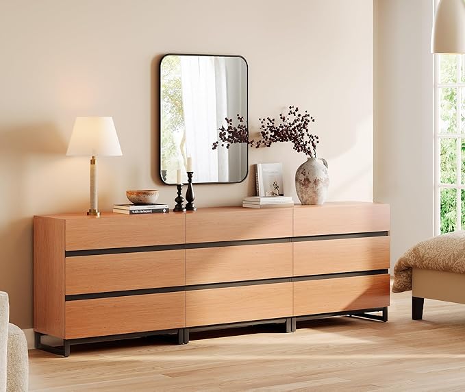 WAMPAT Dresser for Bedroom, Closet Organizers and Storage with 9 Drawers, Chest of Drawers with Metal Base, Wooden Modern Dresser for Living Room, Bedroom, Entryway, Mocha