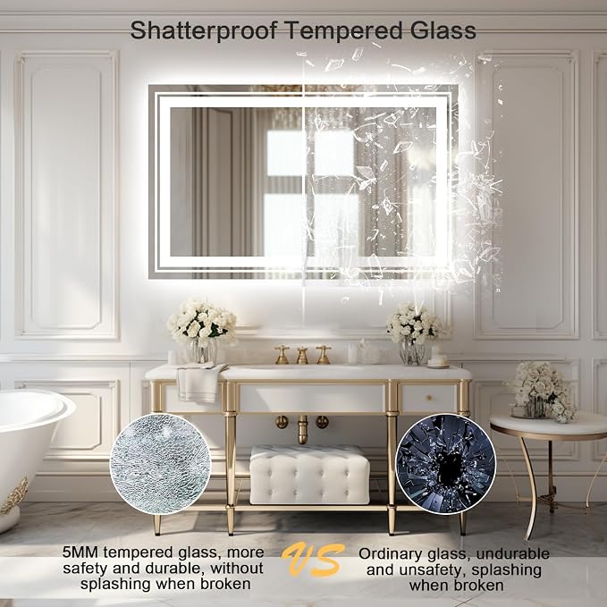WTTY 60"x36" LED Bathroom Mirror with Lights, Backlit and Front Lighted Bathroom Vanity Mirrors Wall Mounted, Double LED Vanity Wall Mirror for Bathroom with Anti-Fog, Dimmable, Memory, Shatter-Proof