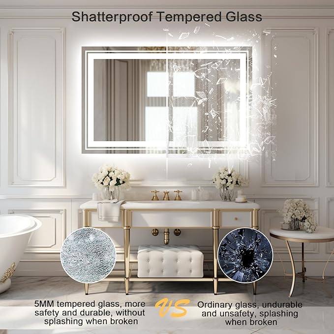 WTTY 48x36 LED Bathroom Mirror with Lights, Backlit and Front Lighted Bathroom Vanity Mirrors Wall Mounted, Double LED Vanity Wall Mirror for Bathroom with Anti-Fog, Dimmable, Memory, Shatter-Proof