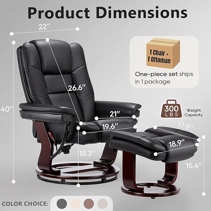 Argus Swivel Recliner with Ottoman, PU Leather & Wood Base Reclining Chair with Footrest, Ultra-Plush Double Foam for Living Room, Bedroom and Office, Set of 1