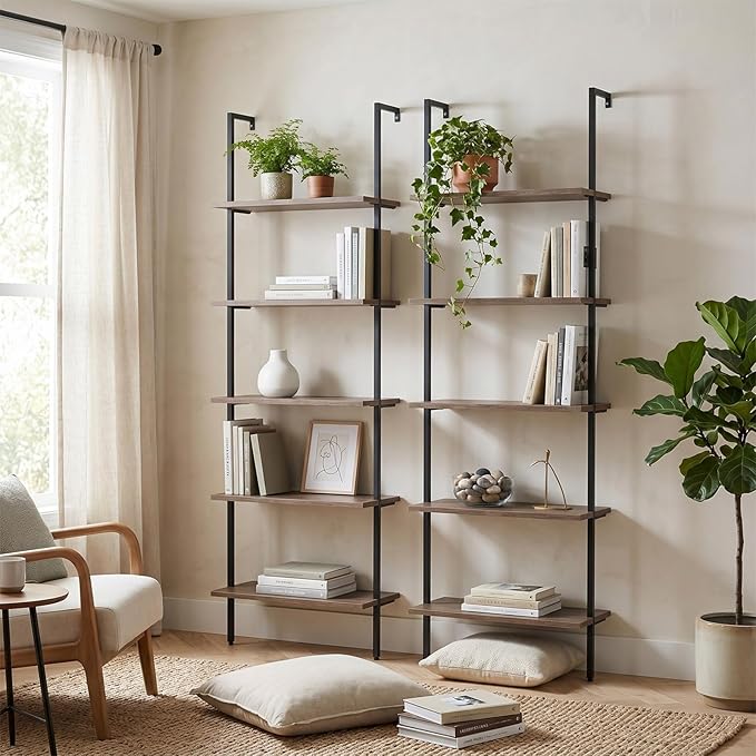 aboxoo Ladder Shelf 2PCS Open Bookshelf 5-Tier Wall-Mounted Wood Bookcase Rack Open Back Industrial Modern Plant Flower Stand Utility OrganizerMetal Frame Furniture Office Kitchen Bedroom (Brown)