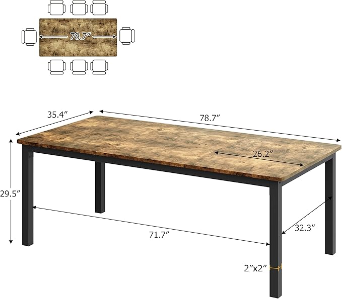 79 Inch Industrial Dining Table for 4-6 Person Rectangle Kitchen Table with Metal Legs,Round Corners, Writing Desk, for Modern Farmhouse, for Kitchen, Dining Room,Quick Assembly, Wood