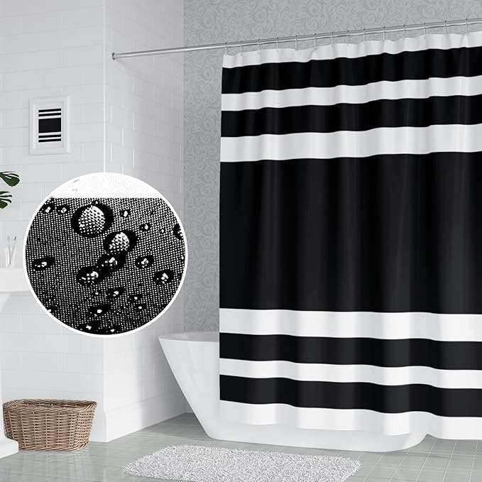 Abstract Stripes Bathroom Shower Curtain Black and White Geometric Pattern Waterproof Fabric Shower Curtains with Hooks Modern Minimalist Artistic Aesthetic Home Decorative, 48x72 Inch
