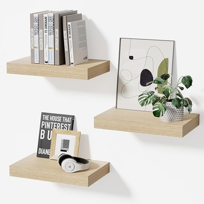 Bathroom Floating Shelves for Wall, Oak Small 11.8" Floating Shelf for Storage, Display Shelf and Farmhouse Rustic Home Decor, Ideal Over Toilet for Bedroom, Kitchen or Living Room, 3-Pack