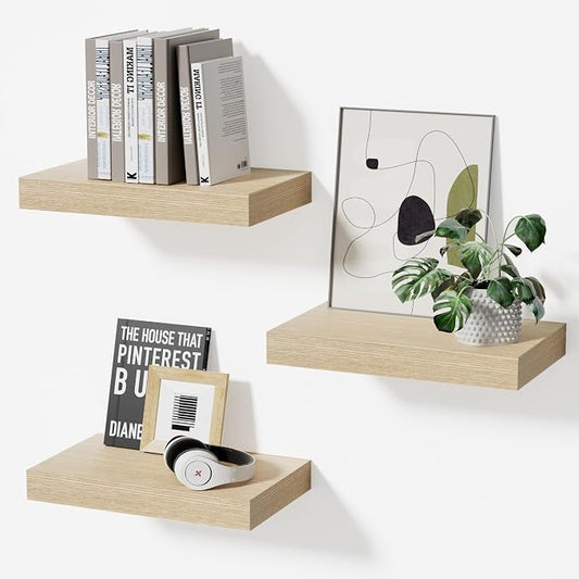 Oak Floating Shelves for Wall Set of 3, 11.8 Inch Small Wood Wall Shelves for Bathroom Over Toilet, Kitchen & Bedroom Storage, Wall Mounted Shelves for Spice Jars, Plants & Decor