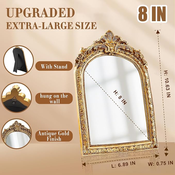 YUSONG Vintage Desk Mirror – 8" Gold Antique Tabletop Mirror with Resin Frame, Decorative Wall Art for Living Room Bedroom Vanity Desk Decor, Birthday Gift
