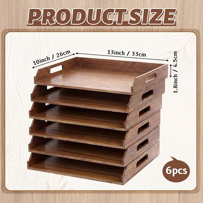 AceOrbit 6 Pcs Stackable Paper Tray Acacia Wood Desk Organizer Letter Tray 6 Tier Wooden File Organizer Desk Shelf for Documents, Letter Sorter, Envelopes and Magazine Holder