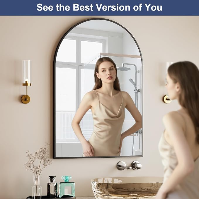 HARRITPURE Arched Bathroom Mirror - 30"x48" Black Large Wall Mounted Vanity Mirror Aluminum Alloy Frame Arch Wall Mirror for Living Room, Bedroom, Entryway