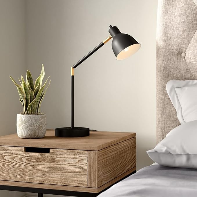 Catalina Lighting 20092-001 Modern Adjustable Desk Light with Power Outlet, Classic Table Lamp for Office, Dorm, or Bedroom, Reading Light Nightstand Lamp, Bulb NOT Included, 20.75", Black