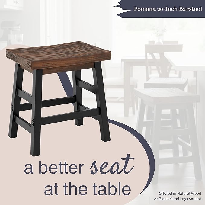 Alaterre Furniture Pomona Rustic Industrial Barstool – 20” Backless Counter Stool with Solid Pine Wood Seat and Black Metal Legs – Farmhouse Seating for Dining Room, Kitchen, or Office (Natural/Black)
