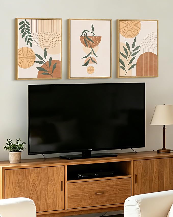 KUVIOKE Boho Wall Art Framed Canvas Botanical Mid Century Modern Wall Printing Neutral Abstract Geometric Prints Bohemain Sage Decor for Farmhouse Living Dining Room 12x16in (Natural Framed)