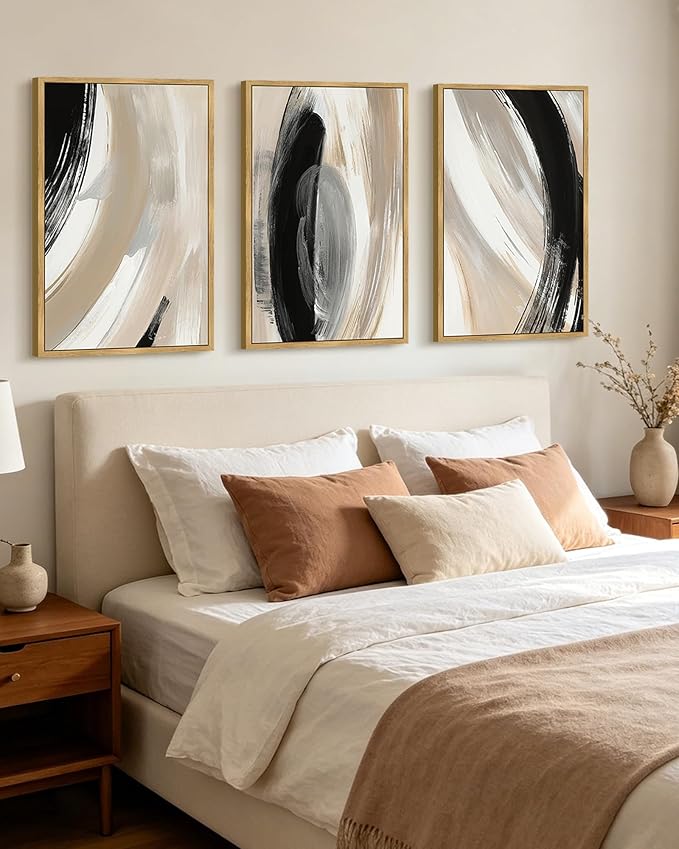 KUVIOKE Modern Abstract Framed Wall Art Black Neutral Minimalist Ink and Wash Graffiti Pastel Wall Decor for Bedroom Living Room 24x36in (Natural Framed)