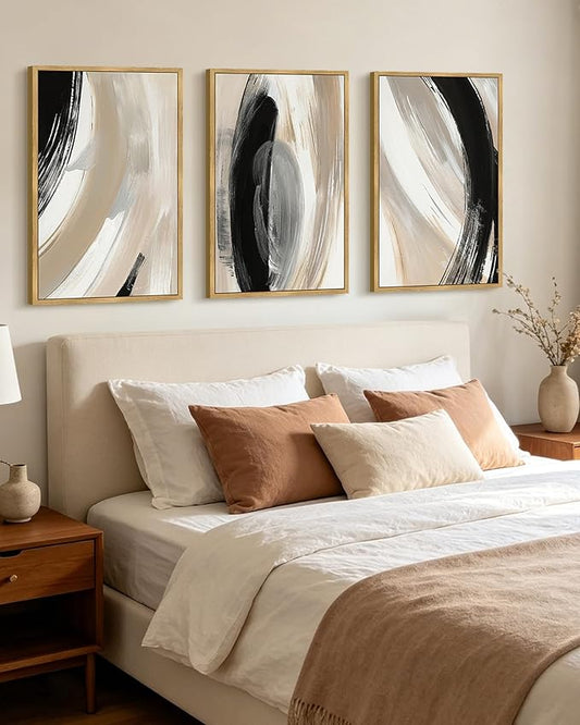 KUVIOKE Modern Abstract Framed Wall Art Black Neutral Minimalist Ink and Wash Graffiti Pastel Wall Decor for Bedroom Living Room 24x36in (Natural Framed)