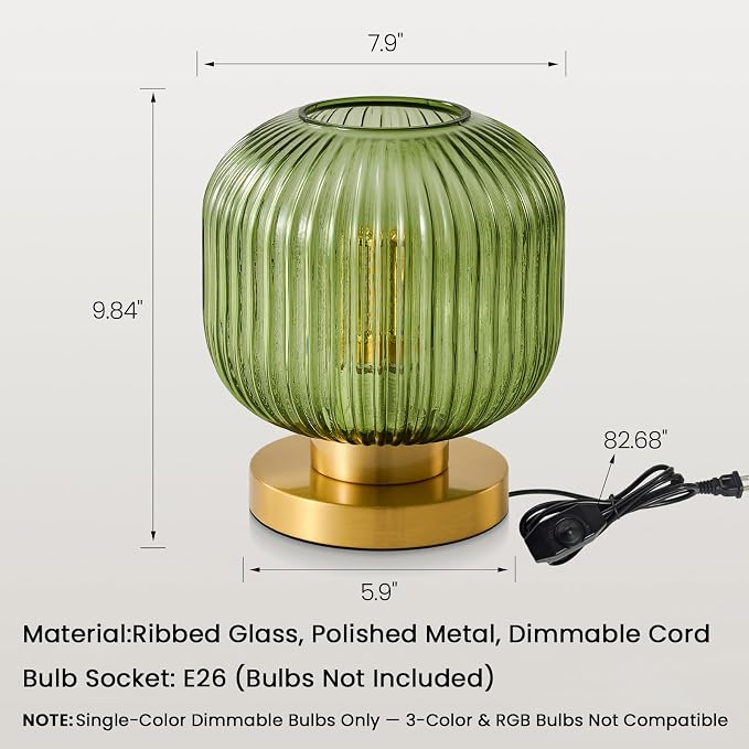 Mid Century Green Table Lamp: Vintage Ribbed Globe Pumpkin Glass Dimmable Plug in Small Bedside Lamps - Cute Brass Gold Modern Side Table Lamp Nightstand Light for Bedroom Entryway Desk Living Room