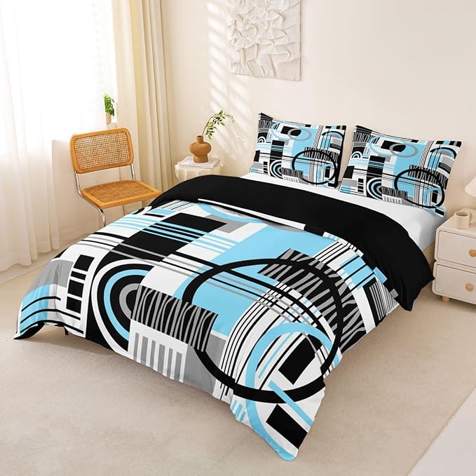 Art Deco Mid Century Duvet Cover Set Retro Modern Abstract Geometric Girl Toddler Bedding Set for Tween Boys Girls Black and White Sky Blue Circles Stripes Comforter Cover Contemporary Bed Sets