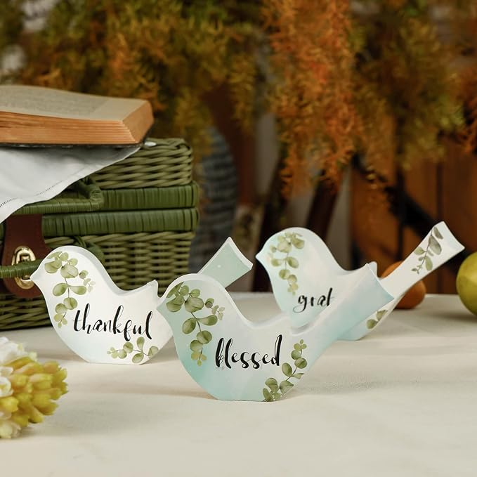 Rustic Wooden Bird Figurines – Set of 3 Inspirational Tabletop Décor with Words, Thankful, Blessed, Grateful