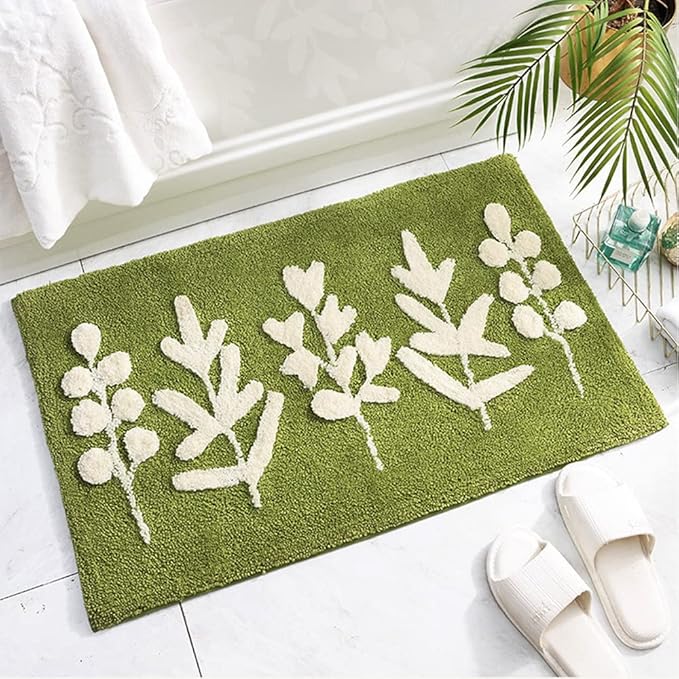 Hi Space Bathroom Rugs 31.5x19.7IN Green Leaves Bath Mat for Bathroom Non Slip Machine Washable Soft Microfiber Absorbent Cute Bath Rug Plush for Tub Shower Sink Fluffy Home Decor Accessories