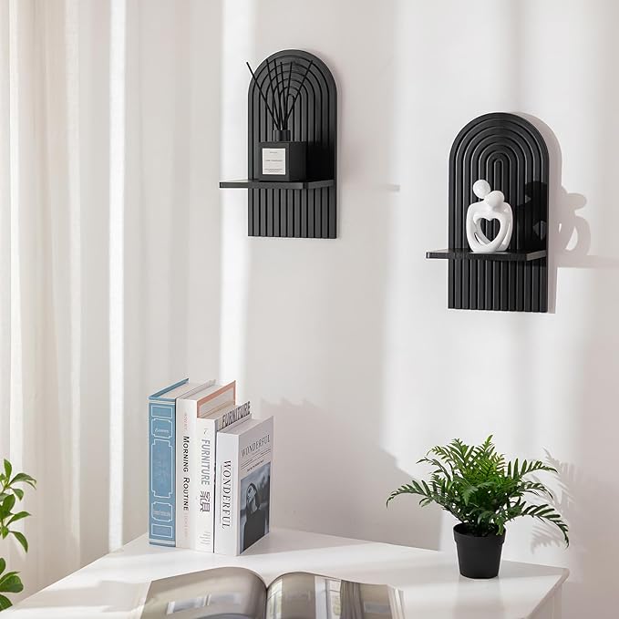 Black Boho Floating Shelves: Decorative Wall Shelves Display Plants Small Items Mid Century Modern MCM Wall Decor