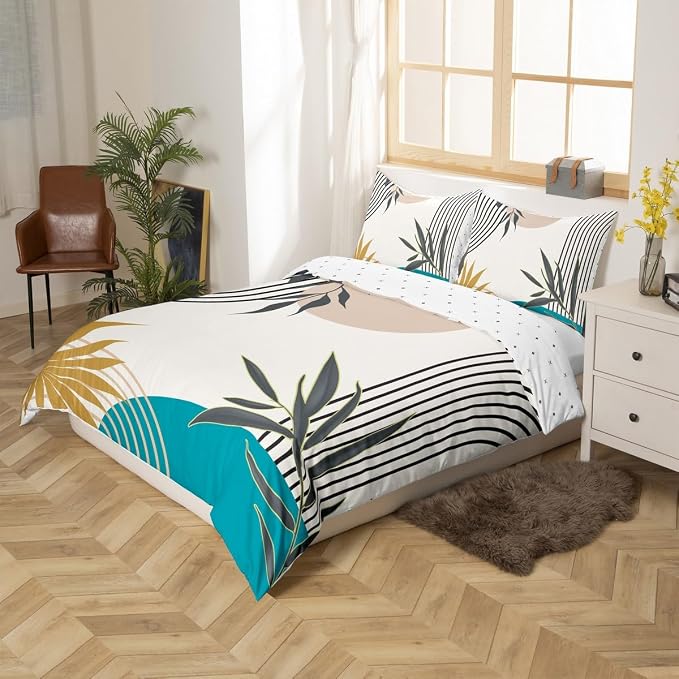 Erosebridal Beige Teal Black Comforter Cover Full for Kids Boys Girls,Abstract Geometric Duvet Cover,Botanical Plant Leaves Bedding Set,Minimalist Aesthetic Bed Set 3 Pcs Bedroom Decor