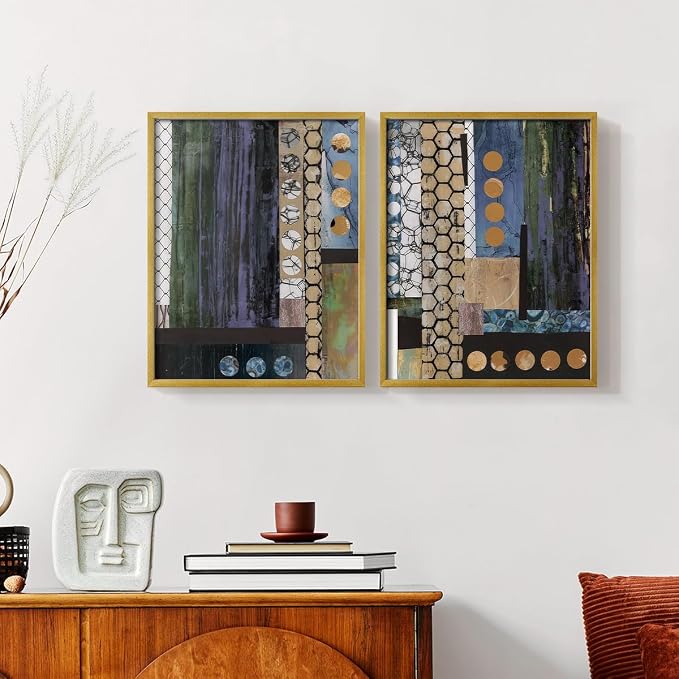 Renditions Gallery Set of 2 Peel & Stick Framed Prints, Geometric Abstract Wall Art, Hexagonal and Circular Pattern Wall Decor, Re-Stickable - Ready to Hang - 8"x10" - GOLD Frame LT588