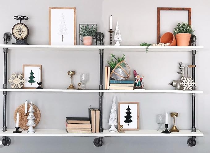 HDDFER Industrial Pipe Shelving Rustic White Pipe Wall Shelves Industrial Shelves with Wood Planks Floating Shelves 60 Inch Farmhouse Bathroom,Kitchen Shelving Wall Mounted