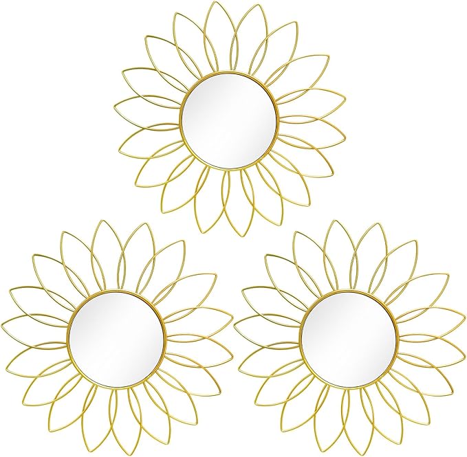 3 Pack Metal Mirrors for Wall Sunburst Wall Mirrors Home Décor Decorative Hanging Wall Art for Living Room Bedroom Entryway (Gold2, Flowers)