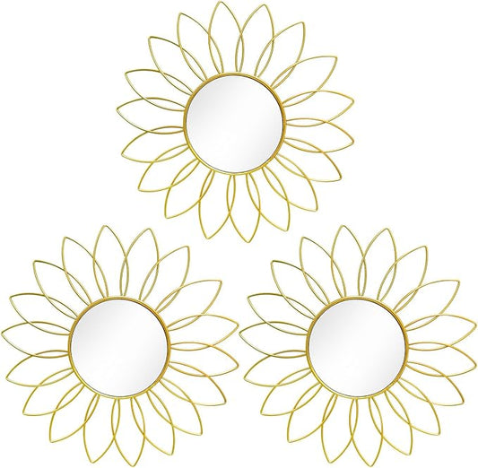 3 Pack Metal Mirrors for Wall Sunburst Wall Mirrors Home Décor Decorative Hanging Wall Art for Living Room Bedroom Entryway (Gold2, Flowers)