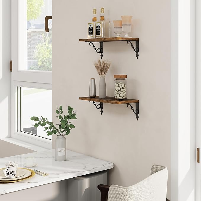 RICHFOCUS Floating Shelves for Wall Decor, 8 Inch Deep Floating Shelves Set of 2, 16W x 8D Shelves Wall Mounted with Metal Brackets, Wood Shelves for Living Room Bedroom Kitchen, Rustic Brown