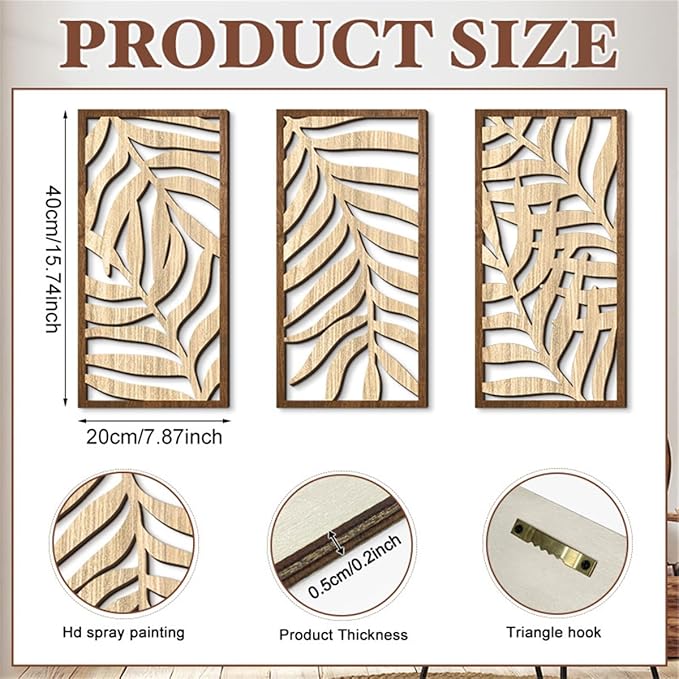 3 Pcs Tropical Leaf Wood Wall Art Decor, Wooden Minimalist Wall Hanging Decor, 3D Hollow Carved Craft Art Set, Boho Abstract Wall Sculptures Panels Decoration for Home Living Room Bedroom Kitchen (C)