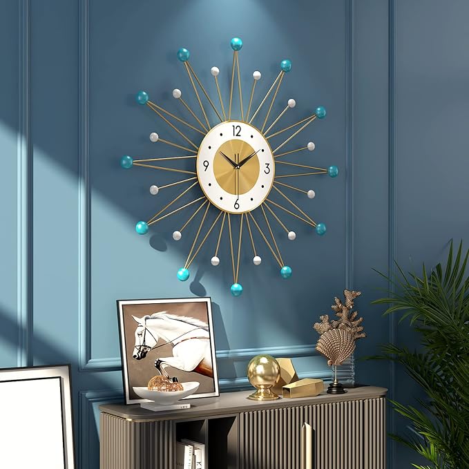 Modern Sunburst Wall Clock,Mid Century Large Metal Vintage Wall Clock for Living Room Decor,Silent Non Ticking Battery Operated,Blue,22"