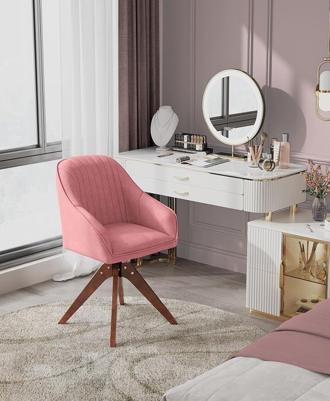 OS MOTOR Modern Swivel Accent Chair with Arms, Upholstered Desk Chair No Wheels, Mid-Century Fabric Armchair with Oak Wood Legs for Home Office, Bedroom, Vanity, Pink
