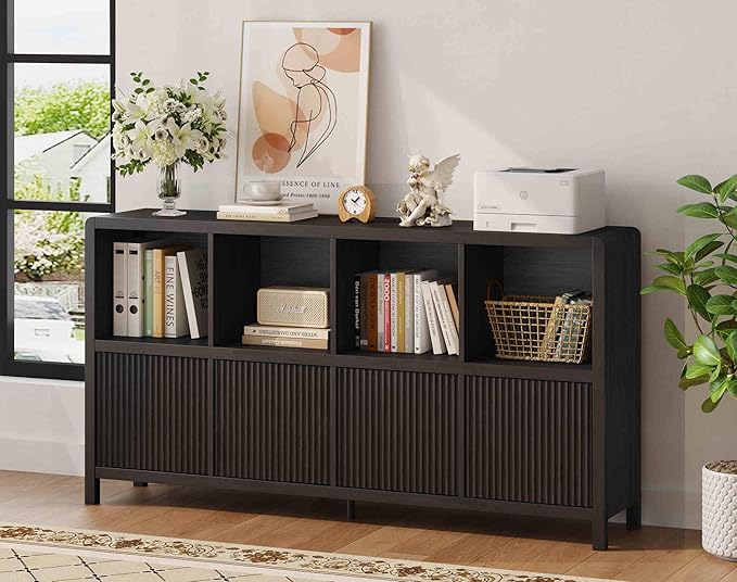 FATORRI 8 Cube Storage Organizer Bookshelf with 4 Doors, Low Horizontal Bookcase with Storage, Long Wood Book Shelf for Dining, Home Office (Black)