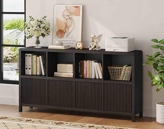 FATORRI 8 Cube Storage Organizer Bookshelf with 4 Doors, Low Horizontal Bookcase with Storage, Long Wood Book Shelf for Dining, Home Office (Black)