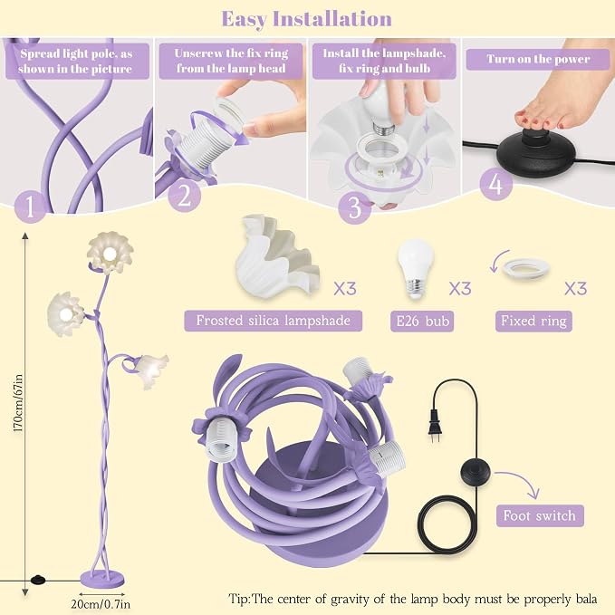 Flower Standing Lamp for Bedroom, Cute Corner Floor Lamp with Flexible Gooseneck, 3 Light Floor Reading Lamp with 3 Color Temperatures, Bulbs Included, Tall Floor Lamp for Living Room Corner(Purple)