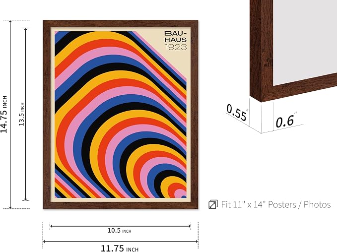 Poster Master Bauhaus Poster - Psychedelic Stripes Print - Abstract Art - Geometric Art - Graphic Design Art - Chic Boho Art - Mid Century Modern Art - Living Room Wall Decor - 11x14 Brown Framed
