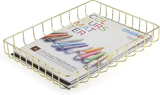 BTSKY Multipurpose A4 File Tray Wire Desk Tray Organizer Elegant Letter Size Desk Documents Trays Magazine Files Storage Basket Organizer Bin for Office Cosmetics Bathroom(Gold)