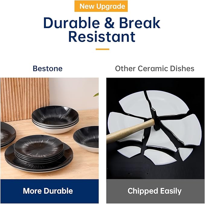 Bestone 12 Piece Round Kitchen Dinnerware Sets,Plates and Bowls sets,Dishes, Plates, Bowls, Dish Set，Plates and Bowls,Service for 4, Chip Resistant Porcelain ，Starburst Turquoise Black