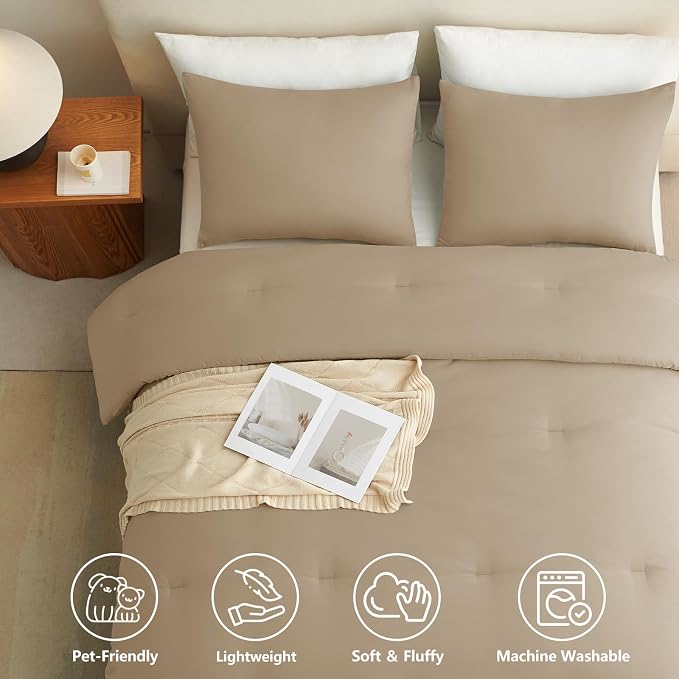 CozyLux Queen Comforter Set Taupe, 3 Pieces Lightweight Comforters Queen Size Quilted Bedding Sets, All Season Breathable Solid Down Alternative Comforter with 2 Pillowcases, Bed Set Gift for Home