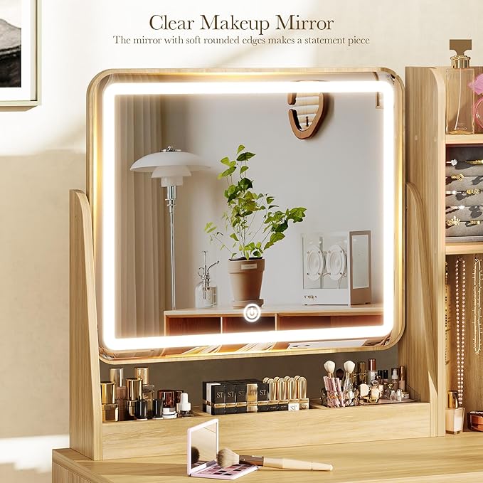 Fluted Vanity Desk with Mirror and Lights, Small Makeup Vanity with 2 Drawers and Jewelry Storage Cabinet, 3 Lighting Modes Adjustable Brightness, Dressing Table for Bedroom - Natural Oak