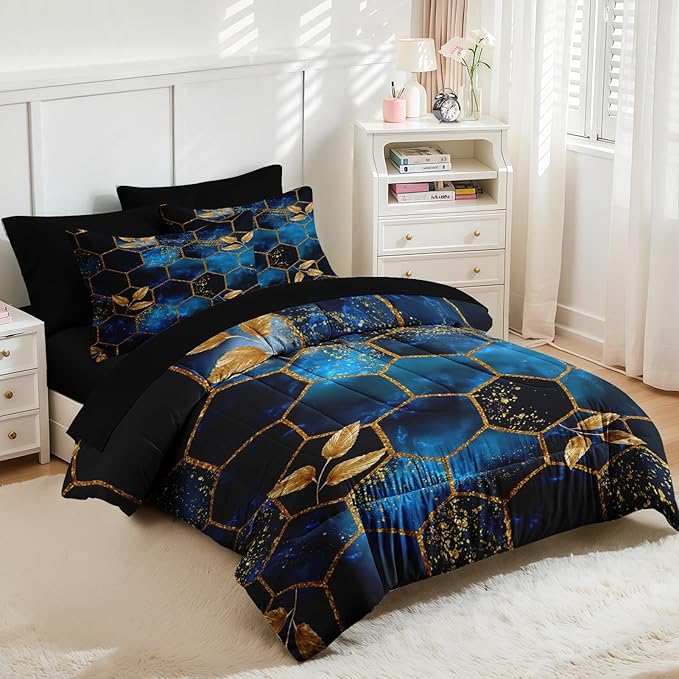 Nesker Comforter Set King Size, Luxury Geometric Hexagon 7 Pcs Bedding for Kids and Adults, Navy Blue Gold Leaves Bed Sheet Sets with Fitted Sheet 2 Pillowcases & 2 Shams