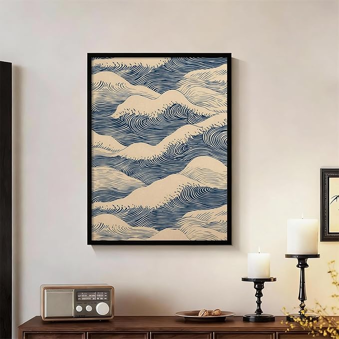 Japanese Blue Wave Canvas Poster Modern Abstract Geometric Wall Art 08x10 inch Black Framed Vintage Mid-Century Wabi Sabi Prints for Minimalist Living Room Dorm Wall Decor
