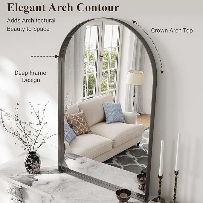 Arch Bathroom Mirror, 30"x48" Wall Mounted Vanity Mirror with Deep Frame, Tempered Glass Decor Mirror for Bathroom, Bedroom, Entryway and Living Room, Hanging or Leaning, Black