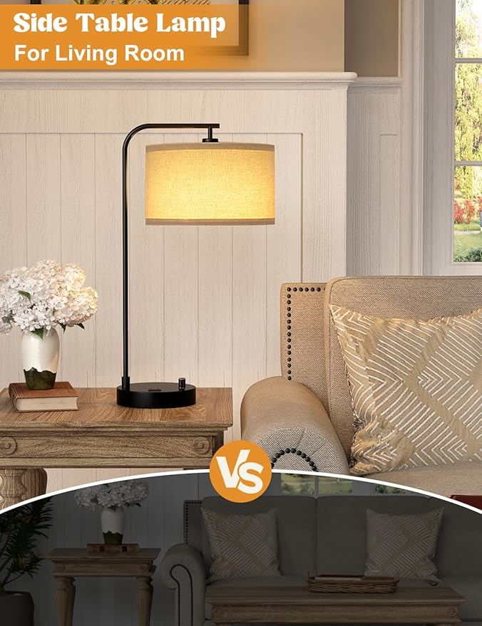 Innqoo Tall Table Lamp with USB Port and Outlet, Dimmable Nightstand Bedside Lamps with Linen Lampshade, Desk Lamp for Bedroom, Living Room, Guest Room, Home Office, LED Bulb Included