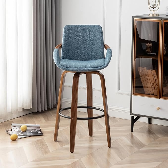 LUNLING 29.5" Bar Height Barstools Set of 3,Mid Century Modern Retro Bar Chairs Charcoal Blue Linen Look Fabric Upholstered and Walnut Wood Frame for Home Bar Furniture(Blue)